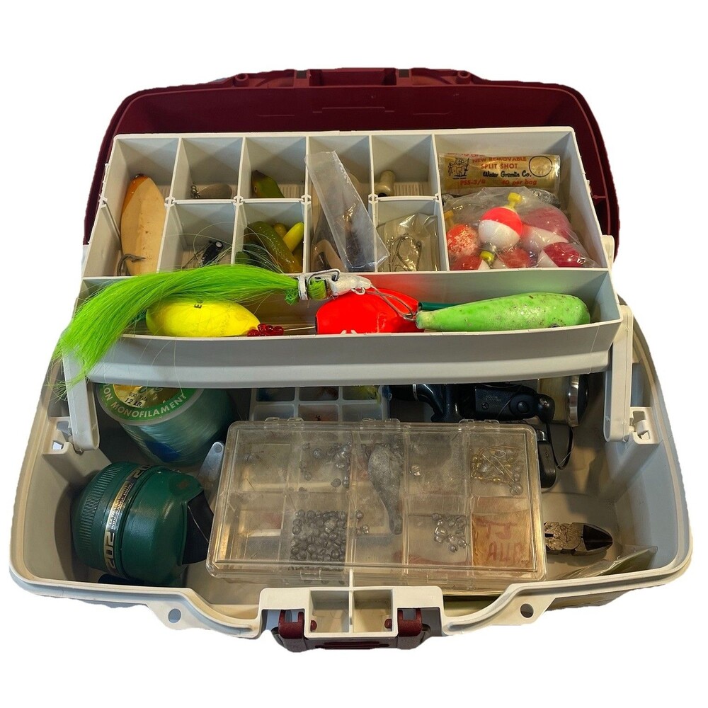Plano Fishing Tackle Box Loaded! Lures Reels Line Sinkers Tools Red Tan 6201